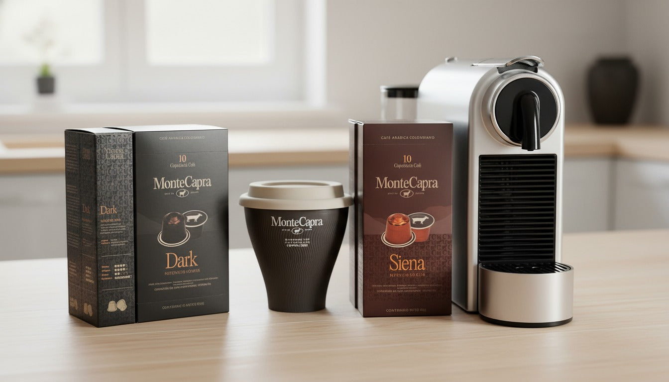 Caja 40 cápsulas y MUG café 20 Siena y 20 Dark, Monte Capra