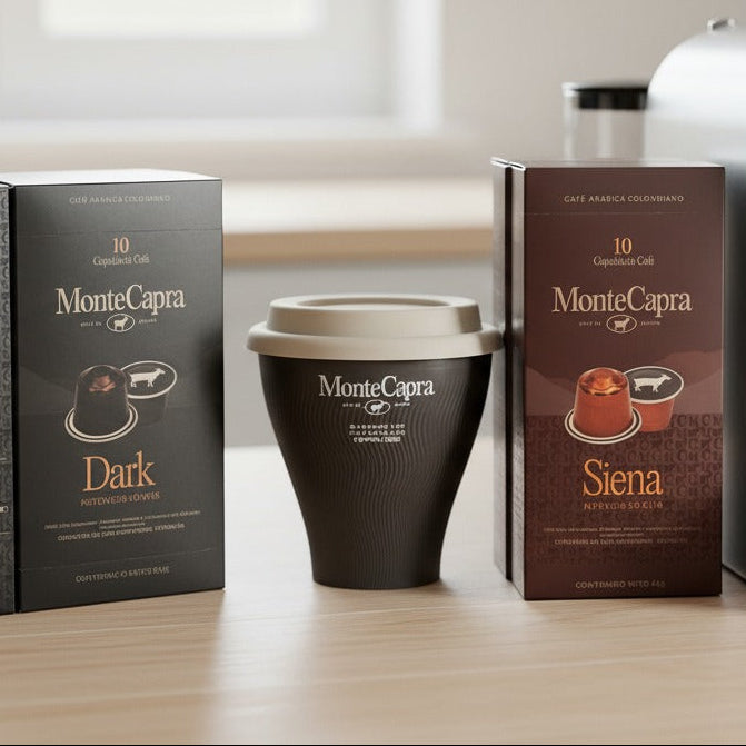 Caja 40 cápsulas y MUG café 20 Siena y 20 Dark, Monte Capra