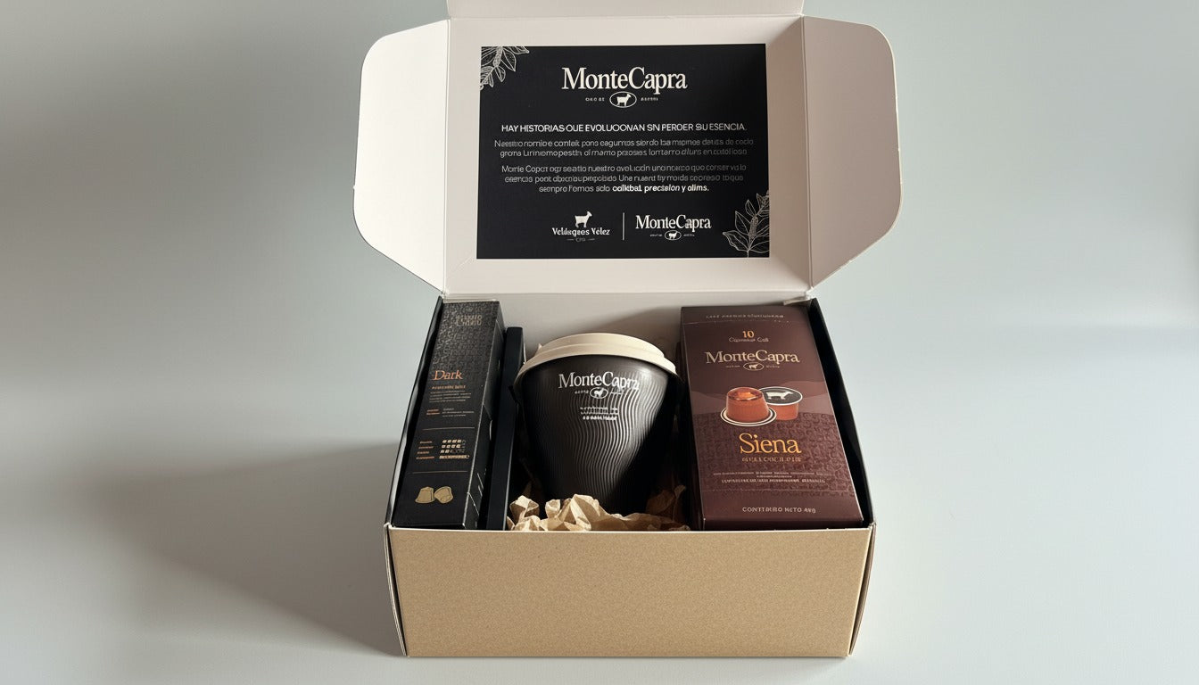 Caja 40 cápsulas y MUG café 20 Siena y 20 Dark, Monte Capra