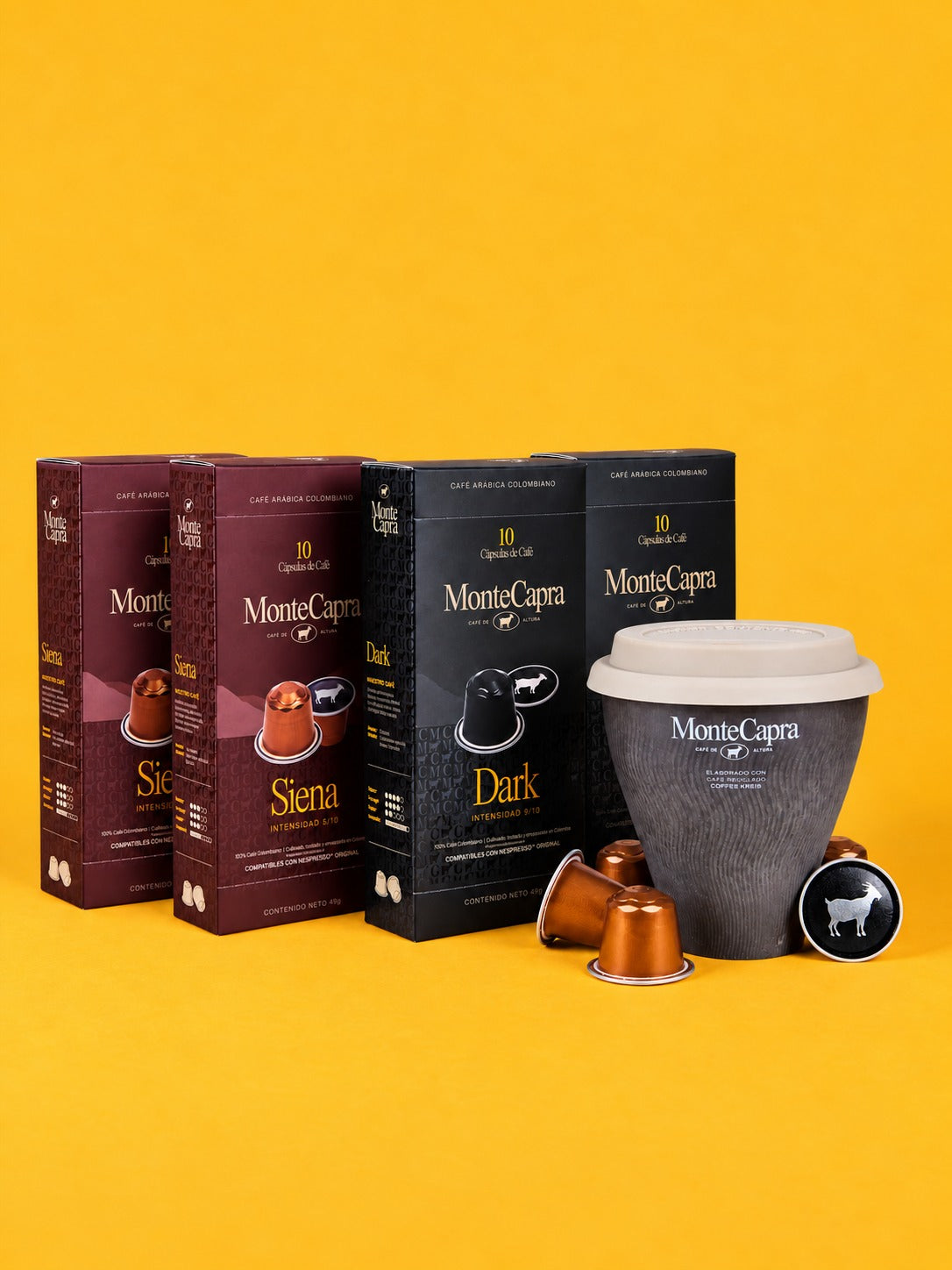 Caja 40 cápsulas y MUG café 20 Siena y 20 Dark, Monte Capra