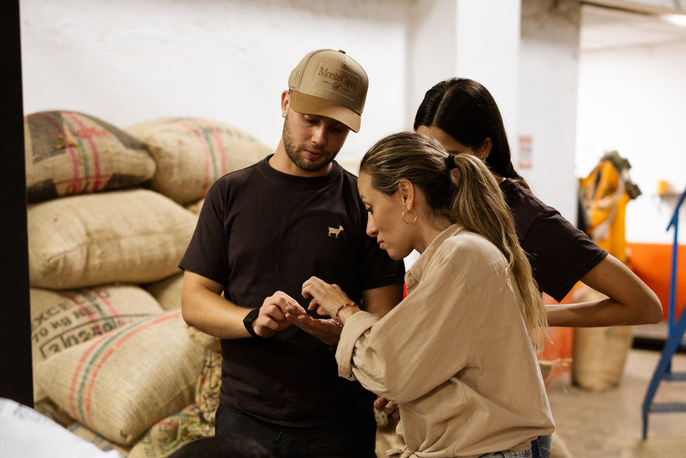 Personas revisando café junto a sacos en una bodega